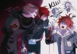 Rule 34 | 1girl, 2boys, angel wings, aotsuki eito, armband, belt, belt pouch, black gloves, black jacket, black jumpsuit, black pants, black shoes, blood, blood on face, blood on hands, blue eyes, braid, braided ponytail, chibi, chibi inset, closed eyes, demon horns, drawstring, glasses, gloves, grey hair, grey jacket, halo, helmet, highres, hood, hooded jacket, hoodie, horns, jacket, jumpsuit, kirifuji nozomi, last defense academy school uniform, multiple boys, multiple views, open clothes, open jacket, pabitelsafe3, pants, parted lips, pouch, red hair, school uniform, shoes, short hair, skirt, smile, spoilers, sumino takumi, teeth, the hundred line -last defense academy-, thigh strap, white armband, white belt, white gloves, white hoodie, white jacket, white pants, wings