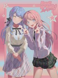 2girls absurdres bang_dream! bang_dream!_it&#039;s_mygo!!!!! black_ribbon blue_hair braid brown_shirt chihaya_anon closed_mouth commentary copyright_logo diagonal-striped_clothes diagonal-striped_necktie double_v earrings fang green_necktie green_skirt grey_eyes grey_jacket grey_skirt hair_ribbon haneoka_school_uniform highres jacket jewelry long_hair looking_at_viewer misaki_(xxxhackerxxxxx) multiple_girls necktie open_mouth pink_hair plaid_clothes plaid_skirt pleated_skirt ribbon school_uniform shirt sidelocks skirt star_(symbol) striped_clothes teeth togawa_sakiko upper_teeth_only v