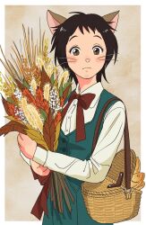 1girl animal_ears animal_hands basket black_hair bow bowtie brown_eyes cat_ears commentary_request dress frown furry furry_female green_dress highres holding holding_plant neko_no_ongaeshi plant red_bow red_bowtie rikaco1988 solo upper_body whiskers yoshioka_haru
