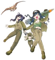 3girls ahoge ammunition animal anonymous_(japanese) bags_under_eyes baseball_cap belt bird black_gloves black_sweater blonde_hair blue_hair breasts brown_eyes closed_eyes crop_top dragging eva_(kavunyak) evil_grin evil_smile flying full_body gloves green_jacket green_shirt grin hair_bun hat highres holding holding_hands holding_weapon jacket japanon kraken_(japanon) long_bangs long_hair long_sleeves looking_at_viewer marichka mazepynka medium_breasts messy_hair military_fatigues military_hat military_uniform motion_lines multiple_girls non-web_source open_mouth original owl pocket rocket running running_towards_viewer shirt short_bangs short_hair shovel single_hair_bun sleepy smile sweater transparent_background turtleneck turtleneck_sweater weapon