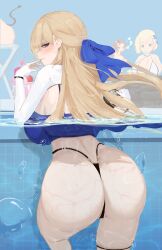 3girls absurdres ass bikini black_bikini blonde_hair blue_bow blue_eyes blush bow breasts brown_dust_(series) brown_dust_2 commentary from_behind hair_bow highleg highleg_bikini highres justia_(brown_dust) long_hair long_sleeves looking_at_viewer looking_back multiple_girls partially_submerged red_eyes shrug_(clothing) slap_mark swimsuit thick_thighs thigh_strap thighs white_shrug wilhelmina_(brown_dust) yinsan