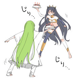 1girl 1other androgynous anger_vein bandeau barefoot black_hair black_panties breasts cake cleavage commentary_request detached_sleeves earrings enkidu_(fate) fate/grand_order fate_(series) food green_hair himeko_(nico6v6pachi) holding holding_plate hoop_earrings ishtar_(fate) jewelry long_hair panties pants plate robe single_detached_sleeve single_thighhigh small_breasts thighhighs toeless_legwear two_side_up underwear very_long_hair white_bandeau white_pants white_robe