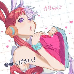 1girl blue_gloves bracelet dress elbow_gloves eyelashes gloves gunjo_shizuko headphones heart highres jewelry looking_at_viewer one_piece one_piece_film:_red open_mouth purple_eyes red_hair single_elbow_glove sleeveless sleeveless_dress solo twintails upper_body uta_(one_piece) white_dress white_hair