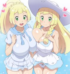 2girls :d absurdres alternate_breast_size asymmetrical_docking blonde_hair blue_background blue_dress blush bow bow_panties braid breast_press breasts cleavage collarbone commentary_request cowboy_shot dress female_focus green_eyes hat heart high_ponytail highres hitokiwa_kenchin huge_breasts lillie_(pokemon) long_hair looking_at_viewer miniskirt multiple_girls nintendo open_mouth panties pantyshot pleated_skirt pokemon pokemon_sm pokemon_usum ponytail skirt smile sparkle standing sundress teeth thighs twintails two-tone_dress underwear upper_teeth_only white_dress white_hat white_panties