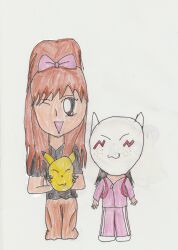 2girls black_hair brown_hair gen_1_pokemon mother_and_daughter multiple_girls nintendo orange_pants pants pikachu pokemon ponytail sugiura_noa tsuji_nozomi