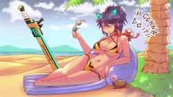 1girl animated beach bikini black_hair blue_eyes bouncing_breasts breasts crab english_text unworn_eyewear gyorai holding holding_removed_eyewear inflatable_raft kson kson_(swimsuit) large_breasts lying on_side palm_tree planted planted_sword planted_weapon ponytail sunglasses sunglasses_removed swimsuit sword tree video virtual_youtuber vshojo weapon