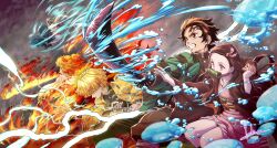 Rule 34 | 1girl, 4boys, absurdres, agatsuma zenitsu, arms up, artist name, attack, bamboo, battle, black hair, black haori, black pants, black shirt, blonde hair, boar mask, brother and sister, brown hair, checkered haori, clenched teeth, closed mouth, commentary request, demon slayer uniform, dual wielding, dynamic pose, earrings, electricity, fire, flame print, green haori, hanafuda earrings, haori, hashibira inosuke, highres, holding, holding hands, holding sword, holding weapon, interlocked fingers, japanese clothes, jewelry, kamado nezuko, kamado tanjirou, katana, kimetsu no yaiba, kimono, long hair, medium hair, multiple boys, obi, pants, pink kimono, red hair, rengoku kyoujurou, sash, scar, scar on face, scar on forehead, shirt, short hair, siblings, signature, standing, sword, teeth, topless male, tusks, water, weapon, wind, yellow eyes, yellow haori, yoshinaga masahiro