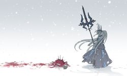1girl blood bobi braid crown fate/grand_order fate_(series) flower hair_between_eyes half_up_braid highres long_hair long_sleeves morgan_le_fay_(fate) morgan_le_fay_(queen_of_winter)_(fate) polearm ponytail simple_background snow solo spear standing very_long_hair weapon