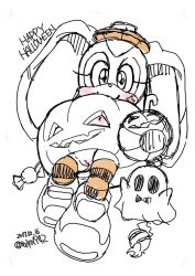 1girl 2016 aku_tojyo cleft_of_venus cream_the_rabbit female_focus full_body furry ghost halloween halloween_costume jack-o&#039;-lantern loli looking_at_viewer pussy smile solo sonic_(series) uncensored