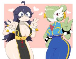 2girls @_@ ahoge bare_shoulders black_dress bodysuit border bracelet breasts capcom chun-li chun-li_(cosplay) cleavage closed_mouth cosplay cowboy_shot creatures_(company) crop_top double_bun double_v dress game_freak gardevoir gen_3_pokemon green_hair hair_bun hair_over_one_eye heart hex_maniac_(pokemon) jewelry large_breasts looking_at_viewer matching_hair/eyes multiple_girls nintendo pink_background pokemon pokemon_(creature) pokemon_xy purple_eyes purple_hair putri_(somedude1727) red_eyes short_hair simple_background sleeveless spiked_bracelet spikes standing street_fighter street_fighter_v street_fighter_zero_(series) v wavy_mouth white_border