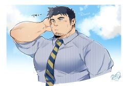 1boy bad_tag bara black_hair collared_shirt day facial_hair goatee_stubble highres large_pectorals male_focus mature_male medium_sideburns mikiya_(mine_miki0840) muscular muscular_male necktie original pectorals salaryman shirt short_hair sideburns_stubble solo stubble summer sweat thick_eyebrows tsurime upper_body white_shirt