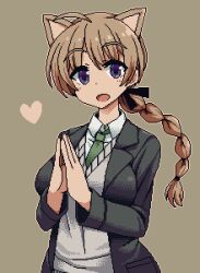 1girl animal_ears black_jacket braid breasts brown_hair cat_ears cat_girl cat_tail green_necktie grey_sweater happy heart ikeda_(kasutera) jacket large_breasts looking_at_viewer lynette_bishop military military_uniform necktie open_mouth pixel_art shirt simple_background solo standing strike_witches sweater sweater_vest tail upper_body white_shirt world_witches_series