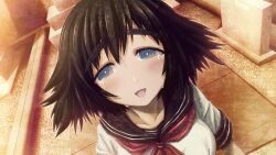 1girl aqua_eyes black_hair black_sailor_collar black_trim blue_eyes blush bob_cut bow chest_bow collarbone crying crying_with_eyes_open dutch_angle from_above game_cg graveyard hair_between_eyes happy happy_tears highres huke looking_at_viewer medium_hair narrowed_eyes neckerchief non-web_source official_art open_mouth outdoors ringed_eyes sailor_collar school_uniform serafuku shiina_mayuri shiny_lips shirt short_sleeves smile solo square_pupils steins;gate steins;gate:_my_darling&#039;s_embrace streaming_tears sunset tareme tears thick_eyebrows tombstone tongue white_shirt