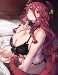 1boy 1girl arm_support bare_shoulders bed black_bra black_panties blush bra breasts bulge cleavage curvy dragalia_lost dragon_girl dragon_horns dragon_tail erection erection_under_clothes fur_collar hair_between_eyes highres horns huge_breasts long_hair moisture_(chichi) mym_(dragalia_lost) out_of_frame panties parted_lips pillow plump red_hair shirt sitting tail thighs underwear wavy_hair white_shirt yellow_eyes