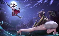 2girls absurdres ass ass_focus bag bare_shoulders black_boots black_dress black_gloves black_hair black_panties boots breasts cloud cloudy_sky d_(killer_wife)_(nikke) d_(nikke) dongtan_dress dress duel fighting fingerless_gloves full_body full_moon gloves gluteal_fold gnxxe1 goddess_of_victory:_nikke grass gun handbag highres holding holding_needle holding_weapon jumping large_breasts meme_attire moon multiple_girls needle official_alternate_costume on_grass outdoors panties red_eyes rifle skin_tight sky sniper_rifle spy_x_family squatting star_(sky) thick_thighs thighs tight_clothes tree underwear weapon yor_briar