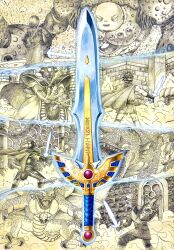 6+boys ancestor_and_descendant armor cape claws commentary_request cosplay dragon dragon_lord dragon_quest dragon_quest_i dragon_quest_ii dragon_quest_iii dragon_quest_xi dual_wielding erdrick&#039;s_shield erdrick&#039;s_sword extra_arms facing_away fake_horns fingernails fins fire gem giant gloves hatching_(texture) head_fins helmet hero_(dq1) hero_(dq11) hero_(dq3) highres holding holding_shield holding_weapon horned_helmet horns in-franchise_crossover jewelry m1_dqplayer male_focus medium_hair monochrome_background monster_boy multiple_boys necklace nizzelpha official_alternate_costume open_mouth pillar prince_of_lorasia red_gemstone robe roche_(dq11) roche_(dq11)_(cosplay) roto&#039;s_emblem roto_(dq3) rubble scales sharp_fingernails sharp_teeth shield short_hair sidoh skull_necklace snake_head_tail spiked_hair spot_color sword tail teeth tunic weapon zoma