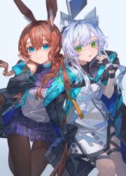 2girls absurdres amiya_(arknights) animal_ear_fluff animal_ears arknights black_gloves black_jacket black_pantyhose blue_eyes blue_skirt brown_hair cat_ears cat_girl closed_mouth dress fingerless_gloves gloves green_eyes highres infection_monitor_(arknights) jacket jewelry long_hair long_sleeves miniskirt multiple_girls multiple_rings open_mouth pantyhose puffy_long_sleeves puffy_sleeves rabbit_ears rabbit_girl ring rosmontis_(arknights) sentter simple_background skirt white_background white_dress white_hair