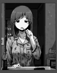 1girl basket breasts brushing_teeth buttons collarbone dithering food_print fruit_print grape_print greyscale hamsterfragment hand_up holding holding_toothbrush indoors jaggy_lines lapels light_switch lowres medium_breasts medium_hair monochrome notched_lapels open_mouth original pajamas plastic_bottle print_pajamas sink solo suicidal_girl_(hamsterfragment) toothbrush upper_body
