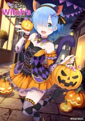 1girl :d \||/ animal_ear_hairband animal_ears argyle_clothes argyle_dress argyle_thighhighs armpit_crease artist_request bare_shoulders black_boots black_dress black_thighhighs blue_eyes blue_hair bob_cut boots breasts bucket building cleavage collar collarbone copyright_name copyright_notice cross-laced_clothes cross-laced_dress detached_sleeves dress fake_animal_ears fake_tail hair_ornament hair_over_one_eye hairband halloween halloween_bucket halloween_costume hands_up high_heel_boots high_heels highres holding holding_bucket jack-o&#039;-lantern leg_up light_blush long_sleeves looking_at_viewer medium_breasts multicolored_dress night official_art open_mouth orange_dress orange_sleeves outdoors purple_collar purple_dress re:zero_kara_hajimeru_isekai_seikatsu re:zero_kara_hajimeru_isekai_seikatsu_witch&#039;s_re:surrection rem_(re:zero) road see-through_clothes see-through_sleeves short_dress short_hair smile solo standing standing_on_one_leg strapless strapless_dress street tail teeth thighhighs upper_teeth_only x_hair_ornament zettai_ryouiki