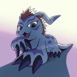 Rule 34 | artist name, blue eyes, claws, digimon, digimon (creature), fang, gomamon, no humans, open mouth, purple fur, red hair, solo, two-tone fur, uluoe, white fur