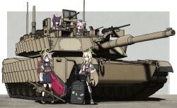 4girls absurdres animal_ear_fluff animal_ears anti-materiel_rifle ascot bag ballistic_shield barrett_m82 black_hair black_shorts black_socks blonde_hair blue_archive blue_eyes blue_sailor_collar blue_skirt blunt_bangs boots brown_boots brown_hair browning_m2 fox_ears fox_girl fox_platoon_(blue_archive) green_eyes gun h&amp;k_ump hair_between_eyes headphones heavy_machine_gun highres holding holding_bag holding_gun holding_shield holding_weapon kneehighs kurumi_(blue_archive) long_hair machine_gun manually-operated_mounted_gun microphone military_vehicle motor_vehicle multiple_girls neckerchief niko_(blue_archive) otogi_(blue_archive) otogichan_hshs pink_bag pink_hair pleated_skirt red_ascot red_eyes red_neckerchief rifle sailor_collar shield shoes shorts shorts_under_skirt skirt sneakers sniper_rifle socks submachine_gun tank weapon white_shoes yukino_(blue_archive)