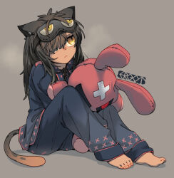 1girl animal_ears artist_name barefoot black_hair cat_ears cat_tail ergot eye_mask eyewear_on_head grey_background hair_over_one_eye holding holding_stuffed_toy looking_up original pajamas simple_background sitting solo stuffed_animal stuffed_rabbit stuffed_toy tail yellow_eyes