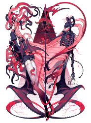 1girl absurdly_long_hair absurdres body_horror chinese_commentary commentary_request crrn demon_girl demon_horns demon_tail demon_wings flesh garter_straps highres horns long_hair original pink_hair red_eyes skeleton tail tentacles thighhighs very_long_hair white_garter_straps white_thighhighs wings