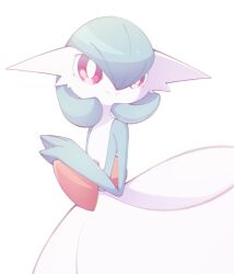 Rule 34 | bob cut, colored skin, dress, gardevoir, gen 3 pokemon, green hair, green skin, highres, multicolored skin, narumiya pkmn, nintendo, own hands together, pink eyes, pokemon, pokemon (creature), signature, simple background, smile, two-tone skin, white background, white dress, white skin