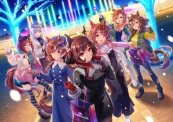 6+girls ahoge alternate_costume animal_ears arm_up bag blue_eyes breasts brown_eyes brown_hair casual full_body gentildonna_(umamusume) glasses gloves grey_hair grin hair_ornament hairclip hat highres horse_ears horse_tail jungle_pocket_(umamusume) large_breasts long_hair looking_at_viewer medium_hair multiple_girls north_flight_(umamusume) official_art oguri_cap_(umamusume) open_mouth pants paper_bag red_eyes scarf small_breasts smile snowing stage still_in_love_(umamusume) t.m._opera_o_(umamusume) tail thighhighs transcend_(umamusume) tree umamusume winter_clothes