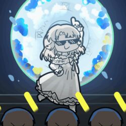 1girl 3others animated animated_gif arm_up c: circle commentary_request dancing deal_with_it_(meme) dress erma_(girls&#039;_frontline) full_body girls&#039;_frontline glowstick hand_on_own_hip holding holding_glowstick index_finger_raised lowres madcore medium_hair meme multiple_others official_alternate_costume parted_bangs smile sparkle stairs standing standing_on_one_leg sunglasses white_dress white_hair
