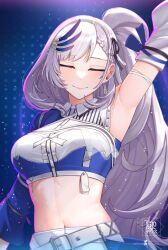 1girl arm_up armpits asymmetrical_clothes asymmetrical_sleeves belt belt_buckle braid braided_bangs breasts buckle buttons center_frills closed_eyes collared_shirt commentary cropped_shirt detached_sleeves earrings feather_hair_ornament feathers floating_earring frills grey_hair hair_ornament hair_ribbon high_side_ponytail highres hololive hololive_idol_uniform_(color_rise) hololive_indonesia jewelry landacdeus light_smile long_hair midriff multicolored_shirt navel navel_peek official_alternate_costume pavolia_reine ribbon shirt single_detached_sleeve single_off_shoulder solo three-quarter_sleeves upper_body virtual_youtuber watermark white_belt