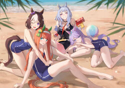 4girls ;d animal_ears ball beach beachball blue_one-piece_swimsuit breasts brown_hair cleavage commentary_request emyo feet gold_ship_(run_revolt_launcher)_(umamusume) gold_ship_(umamusume) group_picture highres horse_ears horse_girl horse_tail hug hug_from_behind long_hair looking_at_viewer mejiro_mcqueen_(umamusume) multiple_girls odd_one_out one-piece_swimsuit one_eye_closed open_mouth orange_hair purple_hair school_swimsuit short_hair silence_suzuka_(umamusume) sitting smile special_week_(umamusume) swimsuit tail tracen_swimsuit umamusume