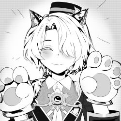 1boy absurdres animal_ears cat_boy cat_ears highres honkai:_star_rail honkai_(series) long_hair misha_(honkai:_star_rail) monochrome ran_sk smile solo trap