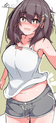 Rule 34 | 1girl, black hair, blush, breasts, brown eyes, dolphin shorts, hair ornament, hairclip, hibi wa sugiredo meshi umashi, highres, kawai mako, looking at viewer, medium breasts, medium hair, muffin top, navel, nejirehifumi, nervous sweating, open mouth, plump, shorts, simple background, solo, sweat, tank top, white tank top