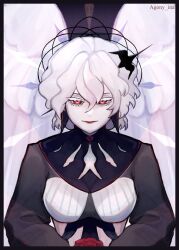 agony_ina angel black_dress colored_skin dress expressionless halo highres japhael_yaphaenkiel_(crrn) long_sleeves looking_at_viewer medium_hair original solo white_hair white_skin