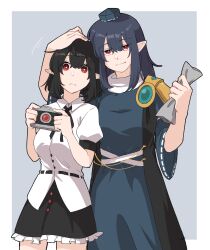 2girls black_hair black_skirt blue_background blue_dress bright_pupils camera closed_mouth dress expressionless hair_between_eyes hand_on_another&#039;s_head hat head_hug highres holding holding_camera holding_paper iizunamaru_megumu long_hair looking_at_viewer medium_hair min.k multiple_girls paper pointy_ears red_eyes shameimaru_aya shirt short_sleeves skirt smile tokin_hat touhou white_pupils white_shirt