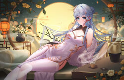 1girl absurdres aichinaigai alternate_costume argyle_cutout ayaka_(genshin_impact) bare_shoulders blue_eyes blue_hair braid check_clothing china_dress chinese_clothes chinese_commentary chinese_knot cleavage_cutout clothing_cutout clothing_request commentary_request cowboy_shot cup dress flower fur-trimmed_jacket fur_trim garter_belt genshin_impact gold_trim hair_ornament half_up_braid hand_on_own_thigh highres indoors jacket lantern light_blue_hair light_blush looking_at_viewer orange_flower paper_lantern pelvic_curtain plant potted_plant side_cutout sitting sleeveless sleeveless_dress smile solo table teacup teapot thighhighs white_dress white_thighhighs