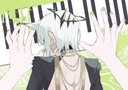 1girl ambience_synesthesia animal_ears arknights back backless_outfit chinese_commentary commentary_request earrings fingernails from_behind green_nails grey_hair highres instrument jewelry kal&#039;tsit_(ambience_synesthesia)_(arknights) kal&#039;tsit_(arknights) music nail_polish official_alternate_costume paint_splatter piano playing_instrument playing_piano short_hair solo triangle_earrings upper_body xuezixiansheng