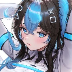 1girl :3 arms_behind_head arms_up black_hair black_shirt blue_eyes blue_hair blush borrowed_character breasts circle_hair_ornament closed_mouth commentary commission crossed_bangs double-parted_bangs ella_7737 gradient_hair hair_between_eyes hair_ornament highres jacket long_hair long_sleeves looking_at_viewer multicolored_hair original portrait shirt simple_background smile solo square_hair_ornament streaked_hair symbol-only_commentary triangle_hair_ornament two-tone_hair two-tone_shirt white_background white_jacket white_shirt x_hair_ornament