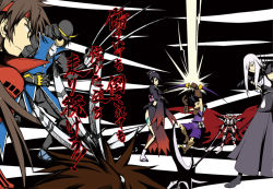1girl 6+boys boots bow breasts cape date_masamune_(sengoku_basara) eyepatch feathers gun handgun headband helmet japanese_clothes katana kimono maeda_keiji maeda_keiji_(sengoku_basara) mori_ranmaru multiple_boys nouhime nouhime_(sengoku_basara) oda_nobunaga_(sengoku_basara) parody sanada_yukimura_(sengoku_basara) sandals scythe sengoku_basara style_parody sword tengen_toppa_gurren_lagann thighs translation_request weapon