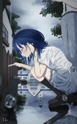 1boy 1girl absurdres adjusting_hair ahoge artist_name black_cat black_shoes black_socks blue_eyes blue_hair blurry cappu_chino1204 cat closed_mouth cloud cloudy_sky commentary depth_of_field from_side full_body grey_skirt hair_between_eyes hand_up highres kneehighs leaning_forward loafers looking_at_animal looking_down make_heroine_ga_oo_sugiru! medium_hair outdoors pleated_skirt profile puddle rain reflection reflective_water school_uniform shirt shoes short_sleeves skirt sky smile socks solo_focus split_mouth squatting standing water_drop wet white_shirt yanami_anna