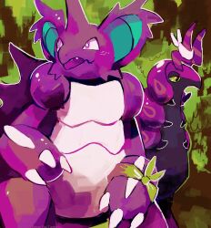absurdres black_eyes claws colored_sclera creatures_(company) game_freak gen_1_pokemon gen_5_pokemon highres horns nidoking nintendo no_humans open_mouth pokemon pokemon_(creature) purple_eyes rinnai-rai scolipede single_horn yellow_sclera