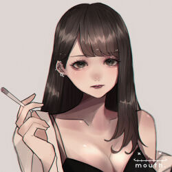 Rule 34 | 1girl, aegyo sal, artist logo, barbell piercing, black eyes, black hair, breasts, cigarette, cleavage, closed mouth, collarbone, commentary request, ear piercing, earrings, eyelashes, grey background, highres, holding, holding cigarette, jacket, jewelry, large breasts, lips, lipstick, logo, long hair, looking at viewer, makeup, mano aaa, original, piercing, red lips, single bare shoulder, smoking, solo, upper body