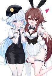 2girls :d absurdres alternate_costume animal_ears apron black_bow black_bowtie black_hat black_necktie black_skirt blue_eyes blue_hair blue_pupils blush bow bowtie breast_pocket breasts brown_hair cleavage collar collared_shirt commentary_request cuffs detached_collar drop-shaped_pupils enmaided fake_animal_ears flower-shaped_pupils frilled_apron frilled_hairband frilled_thigh_strap frills furina_(genshin_impact) genshin_impact gyaru_v hair_between_eyes hairband hand_on_another&#039;s_back handcuffs hands_up hat heterochromia highres hu_tao_(genshin_impact) ineka_ka leotard long_hair looking_at_viewer maid maid_headdress medium_breasts multicolored_hair multiple_girls necktie open_mouth outstretched_arm pencil_skirt playboy_bunny pocket police_hat rabbit_ears red_eyes shirt simple_background skirt smile streaked_hair symbol-shaped_pupils thigh_strap thighhighs traditional_bowtie v very_long_hair white_apron white_background white_collar white_hair white_hairband white_shirt white_thighhighs white_wrist_cuffs wrist_cuffs