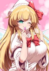 1girl blonde_hair blush breasts capelet cherry_blossoms dress fairy fairy_wings green_eyes hat highres large_breasts lily_white long_hair long_sleeves looking_at_viewer one_eye_closed petals rion_(user_ufvg8527) smile solo touhou white_capelet white_dress white_hat wings