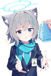 1girl 1other absurdres animal_ear_fluff animal_ears banknote black_jacket blazer blue_archive blue_eyes blue_halo blue_necktie blue_scarf blush cross_hair_ornament grey_hair hair_ornament halo highres jacket long_sleeves medium_hair mismatched_pupils money necktie open_mouth scarf shiroko_(blue_archive) shiroko_(young)_(blue_archive) shirt simple_background solo_focus white_background white_shirt wolf_ears yamada_auto