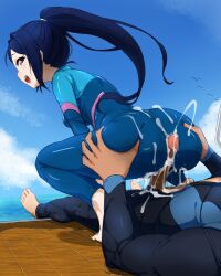 Rule 34 | 1boy, 1girl, ass, barefoot, blue bodysuit, blue hair, blue sky, bodysuit, buttjob, buttjob over clothes, censored, cloud, cum, cum on ass, cum on body, cum on clothes, diving suit, grabbing another&#039;s ass, groping, haizuru, hetero, long hair, looking at viewer, looking back, love live!, love live! sunshine!!, matsuura kanan, mosaic censoring, ocean, open mouth, outdoors, penis, ponytail, purple eyes, sidelocks, skin tight, sky, solo focus, teeth, tongue, upper teeth only, wetsuit