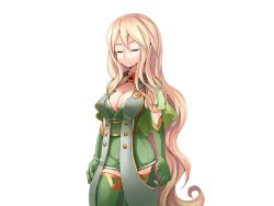 Rule 34 | 1girl, arms at sides, blonde hair, blue eyes, breasts, cleavage, closed eyes, closed mouth, detached sleeves, frfr, game cg, gem, gold trim, green sleeves, green thighhighs, hair between eyes, jewelry, large breasts, light frown, long hair, micaela (mon-musu quest!), mon-musu quest!, mon-musu quest: paradox, nose, red gemstone, solo, thighhighs, variant set, very long hair