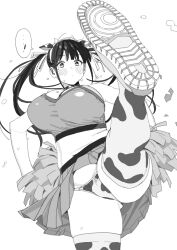 ! ... 1girl absurdres animal_ear_hairband animal_ears animal_print bare_shoulders borrowed_character breasts cheerleader closed_mouth commentary cow_ear_hairband cow_ears cow_girl cow_horns cow_print cow_print_panties cow_print_thighhighs cowboy_shot crop_top dot_mouth earrings fake_animal_ears fake_horns futao_miruku_(riki) greyscale hair_ribbon hairband highres holding holding_pom_poms hoop_earrings horn_hairband horns huge_breasts imamura_ryou jewelry kicking large_breasts long_hair miniskirt mole mole_under_eye monochrome official_alternate_costume original panties pantyshot perspective pleated_skirt pom_pom_(cheerleading) pom_poms print_thighhighs ribbon shoes sidelocks simple_background skirt sneakers solo speech_bubble spoken_ellipsis spoken_exclamation_mark standing standing_on_one_leg sweat thighhighs twintails underwear upskirt white_background