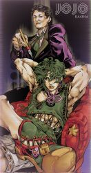 Rule 34 | 2boys, araki hirohiko (person), araki hirohiko (style), armpits, arms behind head, black hair, collared shirt, commentary, english commentary, formal clothes, green hair, green necktie, green shirt, grey shirt, grey shorts, highres, horseshoe print, jacket, jewelry, male focus, manly, multiple boys, muscular, necktie, nib pen (object), on chair, original, pen, purple jacket, raatha2909, real life, shirt, shoes, short hair, shorts, sitting, striped clothes, striped shirt, suit
